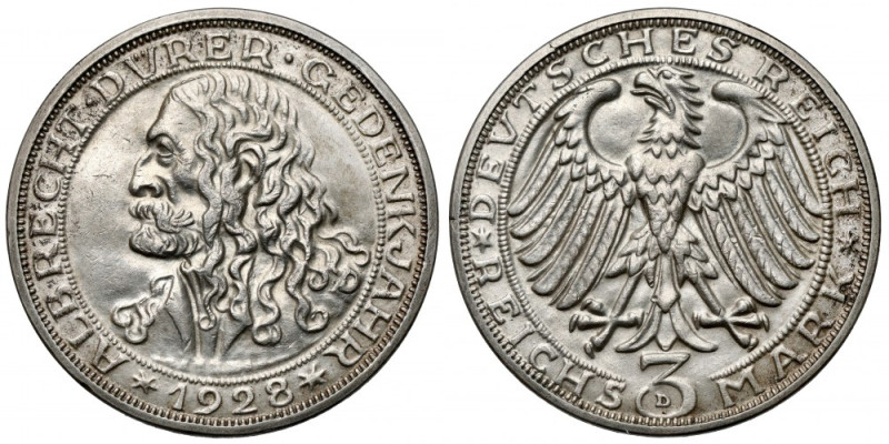 Weimar, 3 marki 1928-D - Dürer Rzadszy typ. Ładny stan. 
Reference: Jaeger 332...