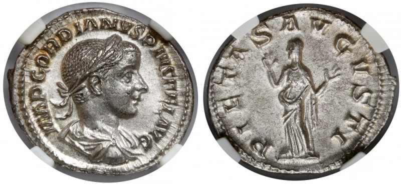 Gordian III (238-244 AD) Denarius Obverse: IMP GORDIANVS PIVS FEL AVG Bust of th...