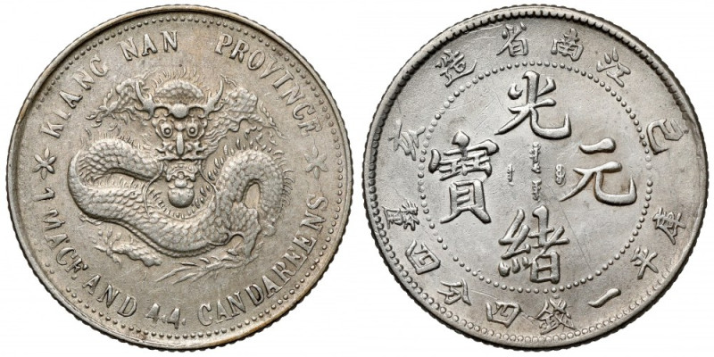 Chiny, Kiangnan, 20 fen rok 36 (1899) Srebro, średnica 23 mm, waga 5,21 g.&nbsp;...