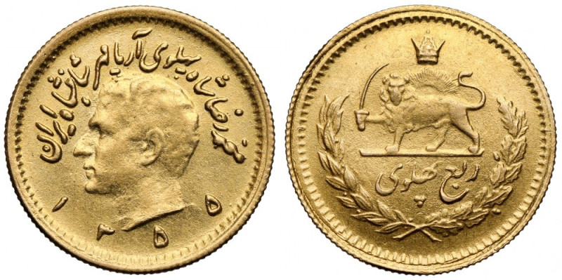 Iran, 1/4 pahlavi AH1355 (1976) Złoto (Au.900), średnica 16,5 mm, waga 1,97 g.&n...