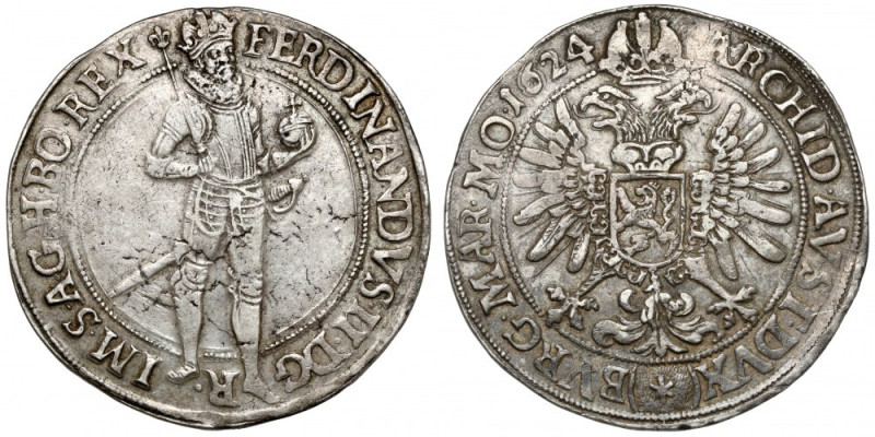 Bohemia, Ferdinand II, Thaler 1624 Ślad po zawieszce na godzinie 12. 
 Srebro, ...