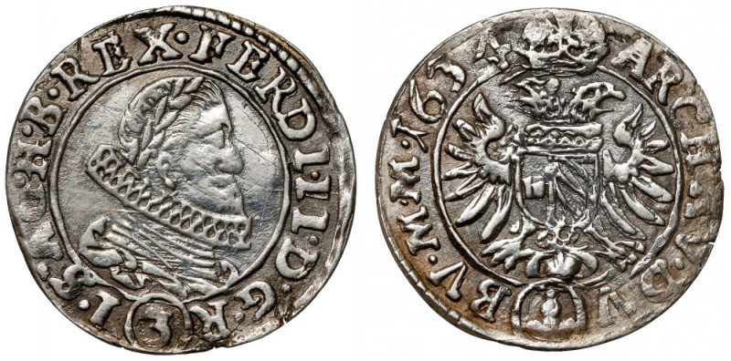 Czechy, Ferdynand II, 3 krajcary 1634, Ołomuniec Nabłyszczony, dawne zadrapania ...