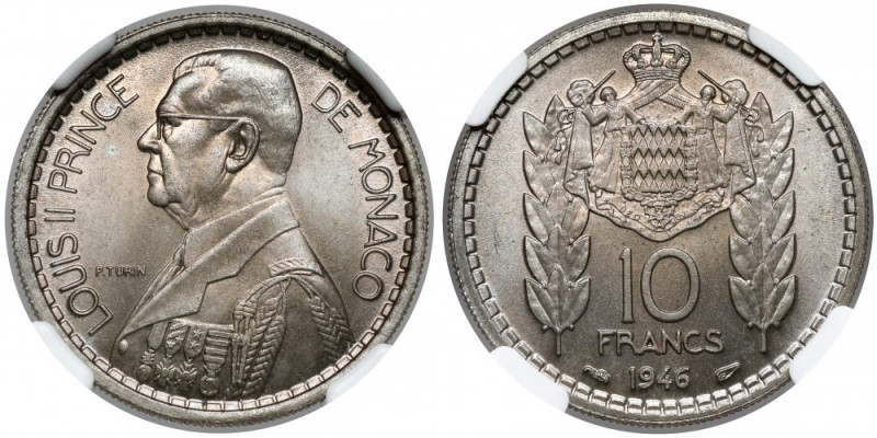 Monako, 10 franków 1946 Reference: KM# 123
Grade: NGC MS67