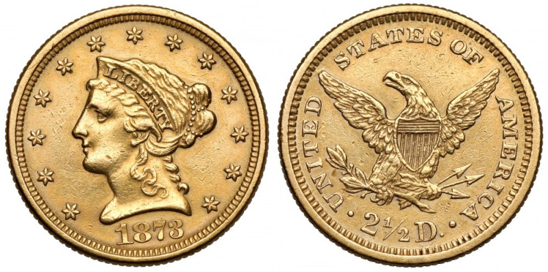 USA, 2,5 dolara 1873, Philadelphia Lekko nabłyszczone. 
 Złoto, średnica 18 mm,...