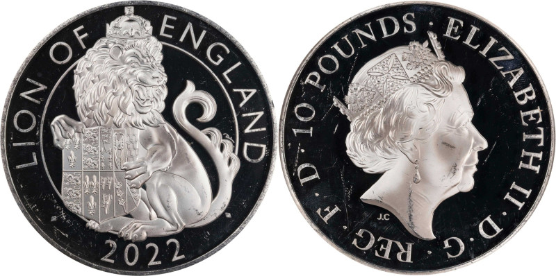 2022 Lion of England 5oz Silver 10 Pounds. Tudor Beasts. Queen Elizabeth II. Tri...