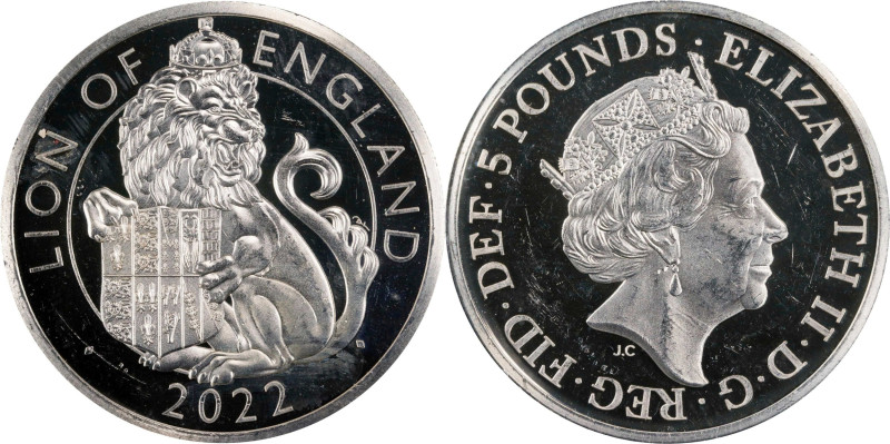 2022 Lion of England 2oz Silver 5 Pounds. Tudor Beasts. Queen Elizabeth II. Tria...