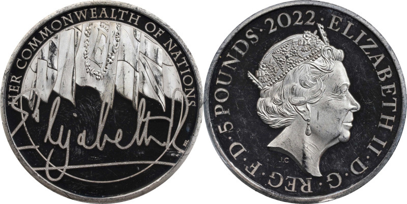 2022 Queen's Reign Piedfort Silver 5 Pounds. The Commonwealth. Queen Elizabeth I...