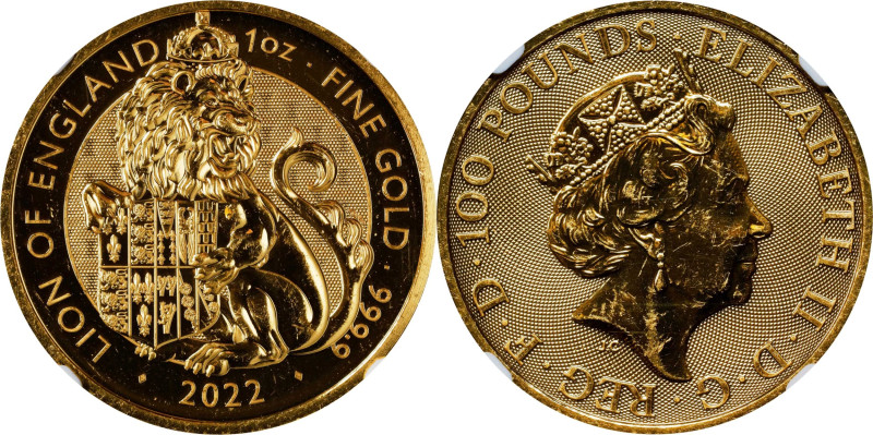 2022 Lion of England Gold 1oz 100 Pounds Group (2 Pieces). Tudor Beasts. Queen E...