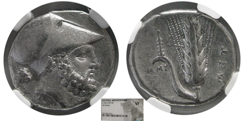 LUCANIA, Metapontum. Circa 340-330 BC. AR Stater. NGC-VF. Obv: Head of Leukippos...