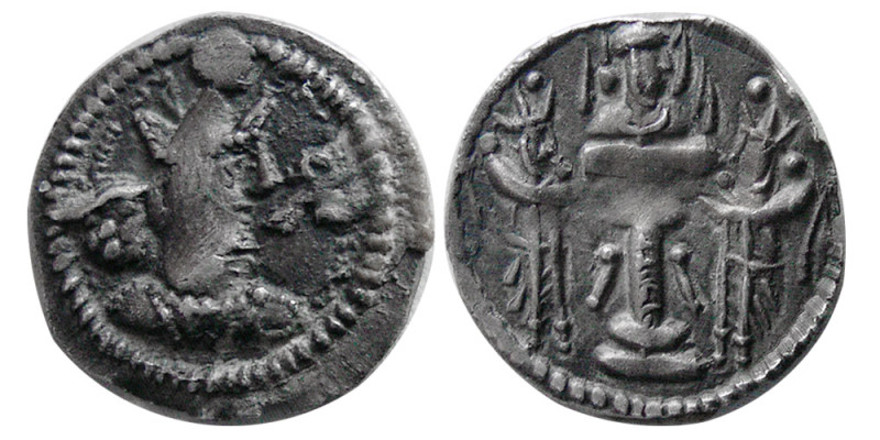 SASANIAN KINGS, Shapur II. 302-379 AD. AR Obol (0.62 gm; 12 mm). Obv: Shapur's b...