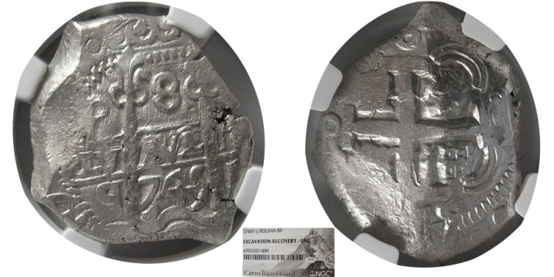 BOLIVIA, 1745 P-q. 8 Reales. Cerro Rico Hoard. dated 1745. Excavation Recovery-U...