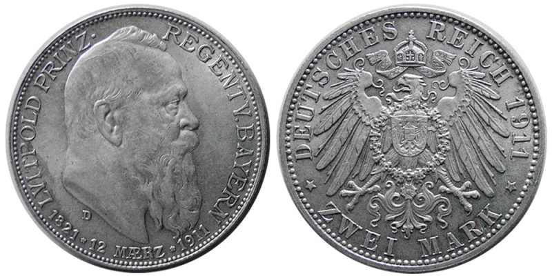 GERMANY, 1911-D. ZWEI 2 Marks (11.09 gm; 29 mm). Choice UNC. Lightly toned. Full...
