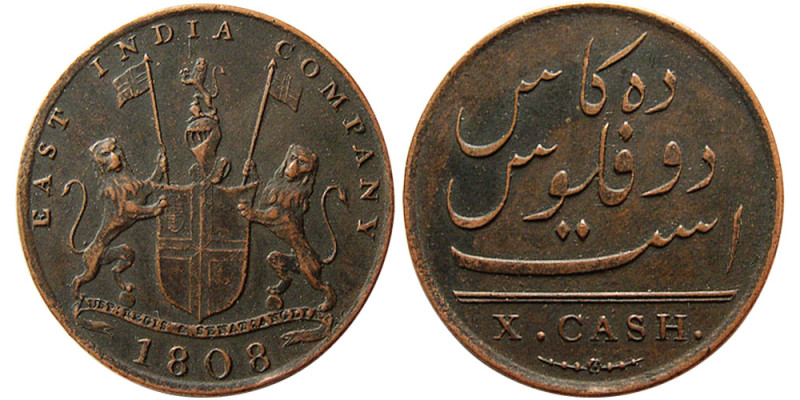 INDIA, East India Company, 1808. 10 Cash (4.65 gm; 25 mm). Red patina. Choice EF...