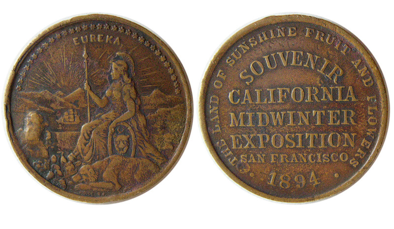 EUREKA, Souvenir California Midwinter Exposition. San Francisco, 1894. Bronze Me...