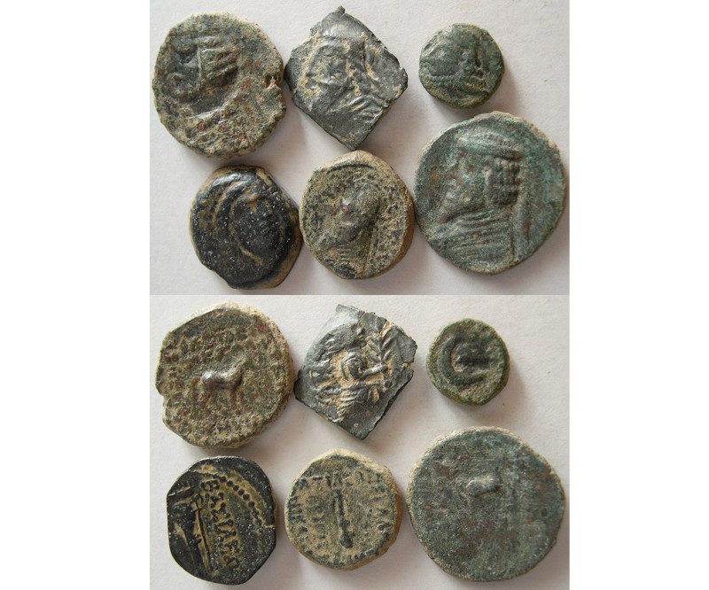 GROUP LOT of 6 Ancient Bronze Coins. Lot includes 5 Parthian Kings Bronzes (Phra...