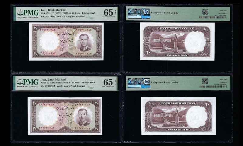 IRAN, Bank Markazi. Pair of 20 Rials Bank Notes. Pick # 72. ND (1961) / SH1340. ...