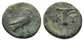 Aeolis. Kyme. (320-250 BC) Bronze Æ. Obv: eagle seated left. Rev: Oinochoe. Weight 0.77 gr - Diameter 10 mm
