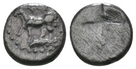 Bithynia. Kalchedon. (367-340 BC) AR Tetradrachm. Obv: KAΛΧ. bull standing left on grain ear; in lower left field, monogram. Rev: Quadripartite incuse...