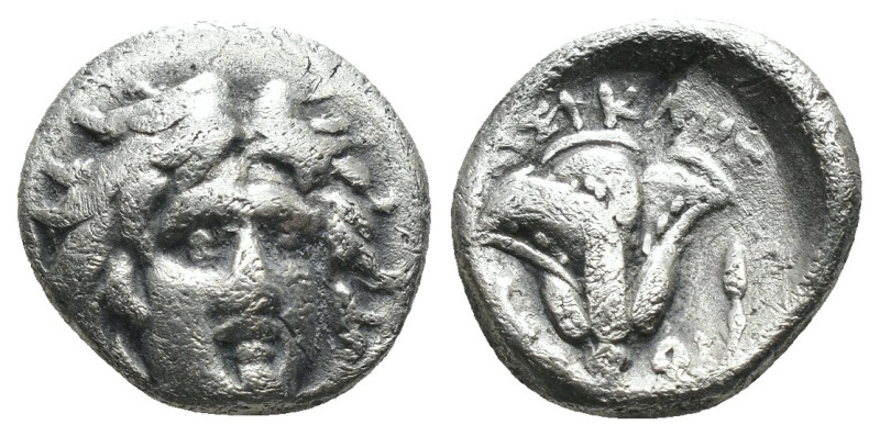 Caria. Rhodos. (305-275 BC) AR Obol. Obv: head of Helius facing. Rev: rose. Weig...