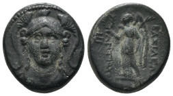 Seleucid Kingdom. Antiochos I. Soter. (281-261 BC). Bronze Æ. Smyrna on Sardes. Obv: helmeted head of Athena facing. Rev: Nike advancing left. Weight ...