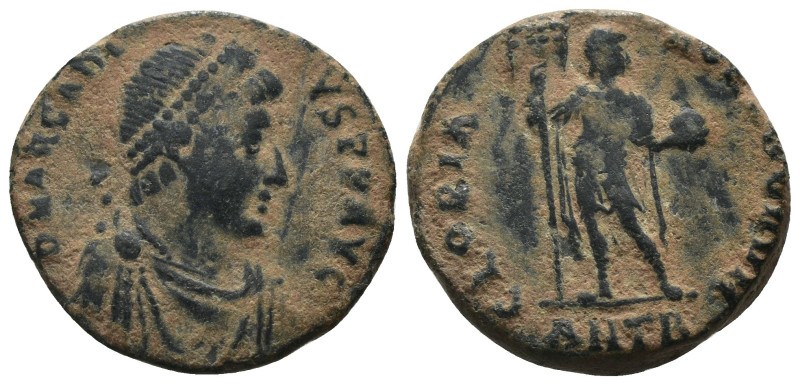 Arcadius. (383-388 AD). Follis. Antioch. Obv: D N ARCADIVS P F AVG. diademed and...