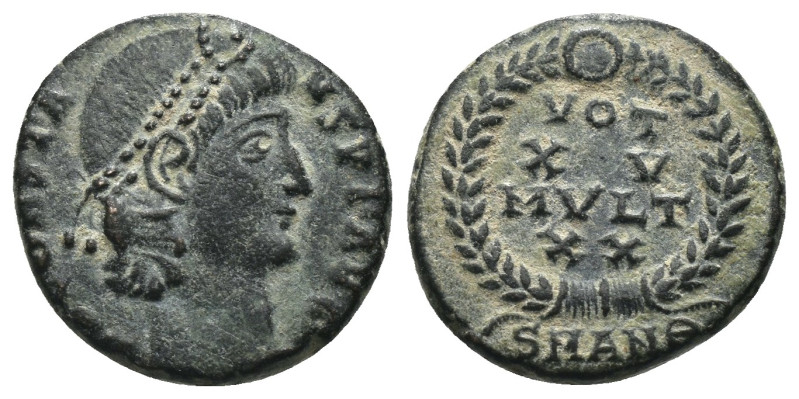 Constans. (347-348 AD). Æ Follis. Antioch. Obv: D N CONSTANS P F AVG. pearl-diad...