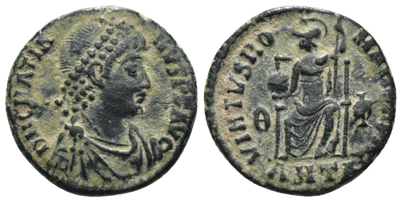 Gratian. (367-383 AD). Æ Follis. Antioch. Obv: D N GRATIANVS P F AVG. pearl-diad...