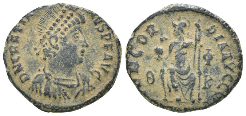 Gratian. (367-383 AD). Æ Follis. Antioch. Obv: D N GRATIANVS P F AVG. pearl-diad...