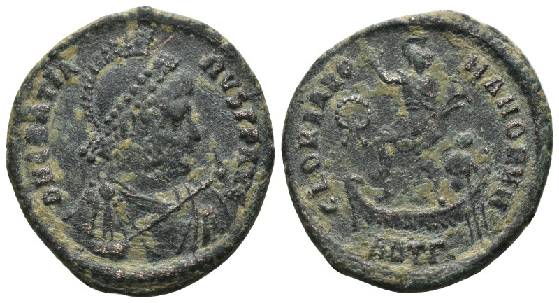 Gratian. (392-395 AD). Follis. Antioch. Obv: D N GRATIANVS P F AVG. helmeted and...