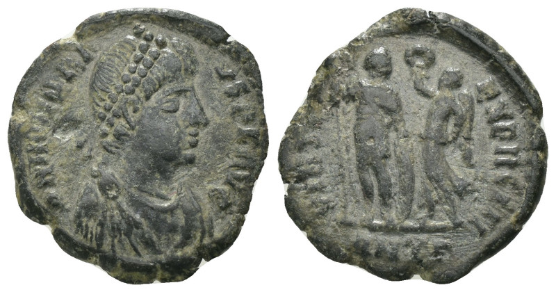 Honorius. (393-395 AD). Follis. Antioch. Obv: DN HONORIVS PF AVG. pearl-diademed...