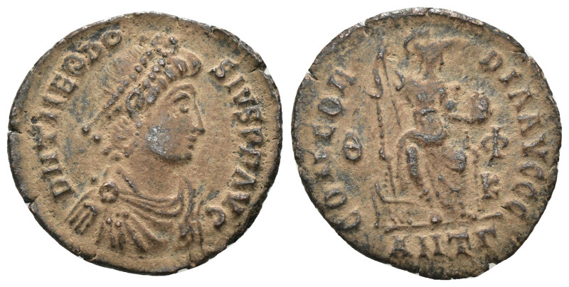 Theodosius I. (378-383 AD). Follis. Antioch. Obv: D N THEODOSIVS P F AVG. pearl-...