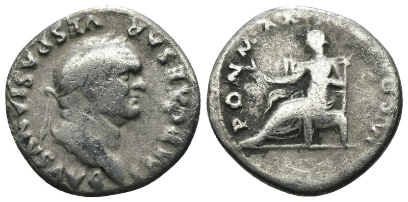 Vespasian. (75 AD). Denar. Rome. Obv: IMP CAESAR VESPASIANVS AVG. laureate bust ...