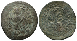 Byzantine Alexius I Comnenus (1081-1118). Æ Tetarteron Crowned facing bust, holding cross-sceptre and globus cruciger. R/ Decorated voided cross with ...