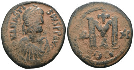 Anastasius I. (491-518 AD). Follis. Constantinople. Obv: D N ANASTAIUS P P AVG. diademed bust of Anastasius right. Rev: M / CON. Weight 16.01 gr - Dia...