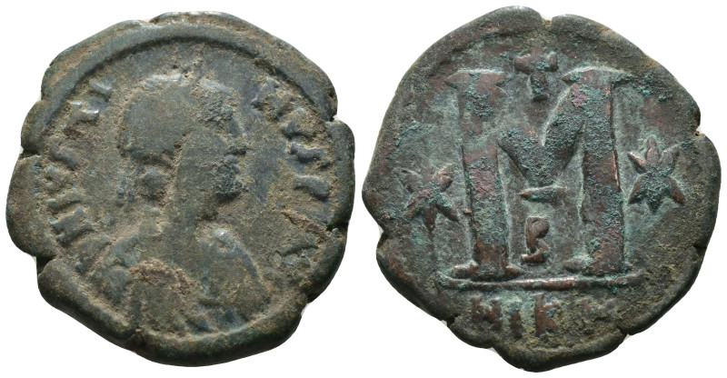 Justin I. (518-527 AD) Æ Follis. Nicomedia. Obv: D N IVSTINVS P P AVG. diademed ...