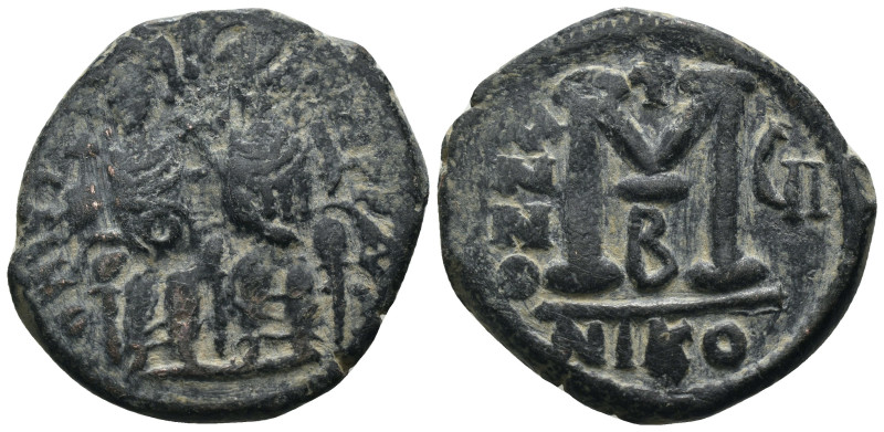 Justin II. and Sophia. (565-578 AD). Follis. Constantinople. Obv: Justin II. and...