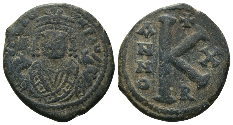 Maurice Tiberius. (582-602 AD). 1/2 Follis. Theoupolis. Obv: bust of Maurice Tib...