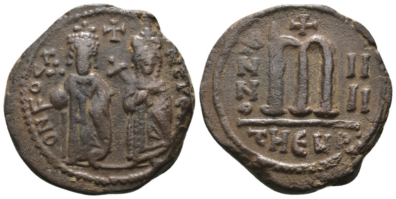 Phocas and Leonita. (602-610 AD) Æ Follis. Theoupolis. Obv: Phocas and Leonita s...