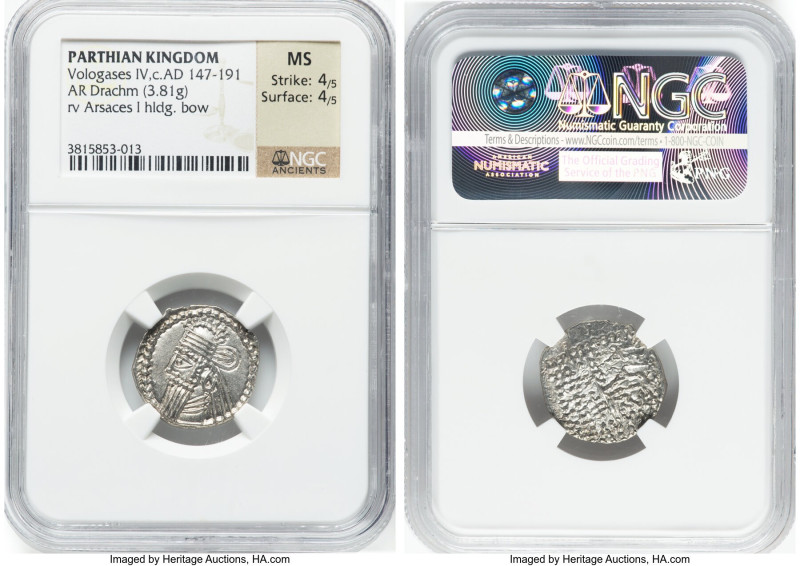 PARTHIAN KINGDOM. Vologases IV (ca. AD 147-191). AR drachm (19mm, 3.81 gm, 11h)....