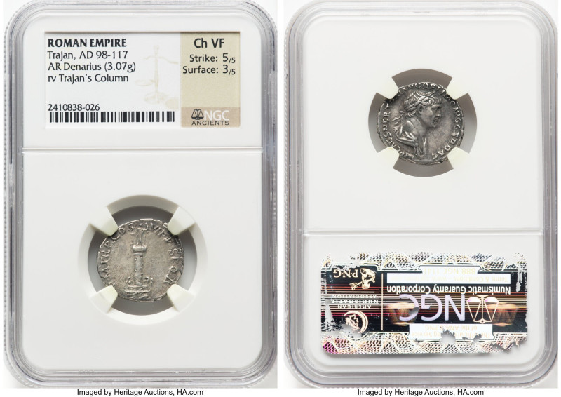 Trajan (AD 98-117). AR denarius (19mm, 3.07 gm, 6h). NGC Choice VF 5/5 - 3/5. Ro...