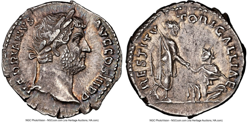 Hadrian (AD 117-138). AR denarius (12mm, 3.11 gm, 5h). NGC Choice XF 5/5 - 4/5. ...