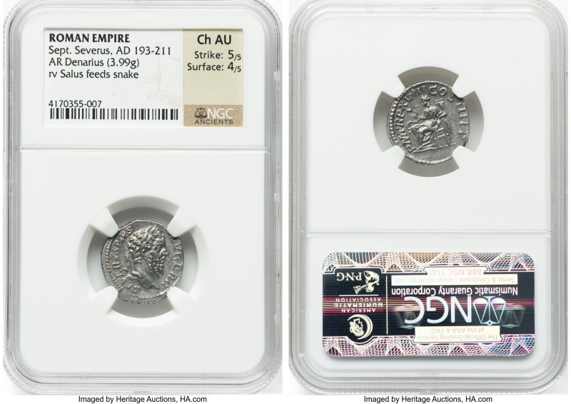 Septimius Severus (AD 193-211). AR denarius (17mm, 3.99 gm, 5h). NGC Choice AU 5...