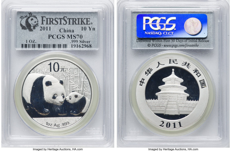 People's Republic 5-Piece Lot of Certified "Panda" 10 Yuan (1 oz) 2011 MS70 PCGS...