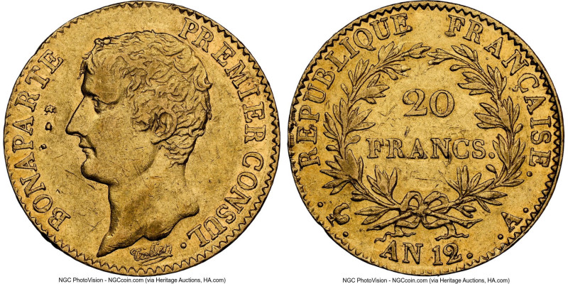 Napoleon gold 20 Francs L'An 12 (1803/4)-A AU53 NGC, Paris mint, KM651. Premier ...