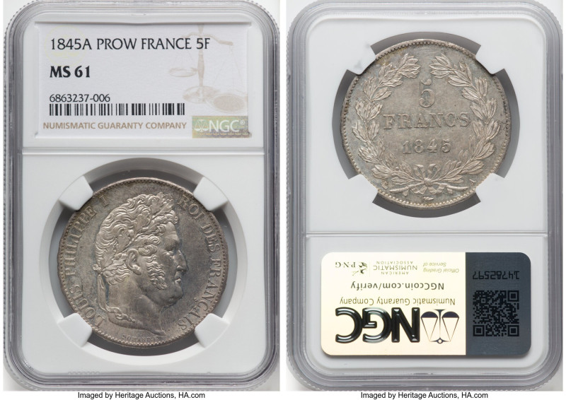 Louis Philippe 5 Francs 1845-A MS61 NGC, Paris mint, KM749.1. Jacques-Jean Barre...