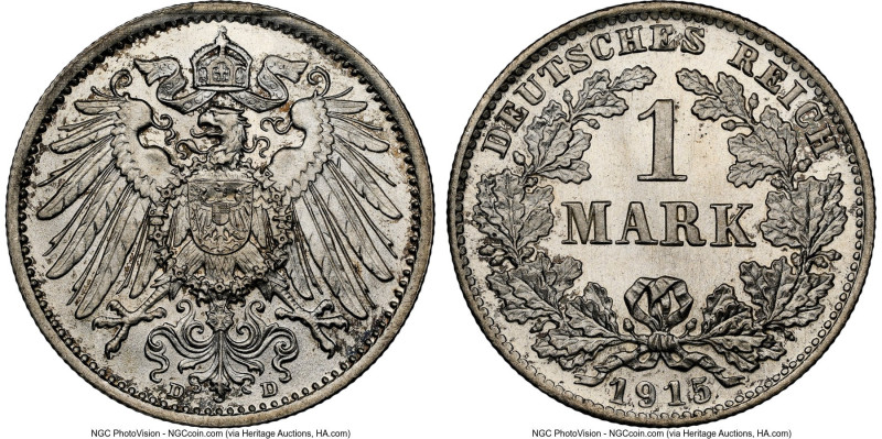 Wilhelm II Mark 1915-D MS66 NGC, Munich mint, KM14. An icy-silver issue in a Gem...