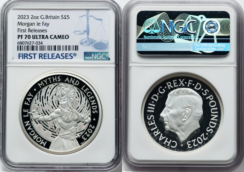 Charles III silver Proof "Morgan le Fay" 5 Pounds (2 oz) 2023 PR70 Ultra Cameo N...