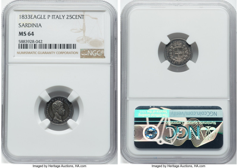 Sardinia. Carlo Alberto 25 Centesimi 1833 (Eagle)-P MS64 NGC, Torino mint, KM132...