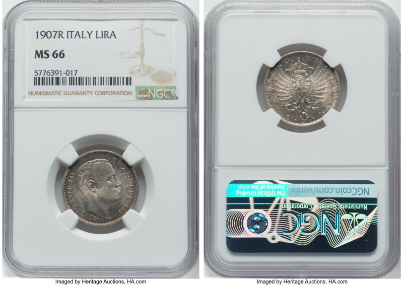 Vittorio Emanuele III Lira 1907-R MS66 NGC, Rome mint, KM32. The sole "Top Pop" ...