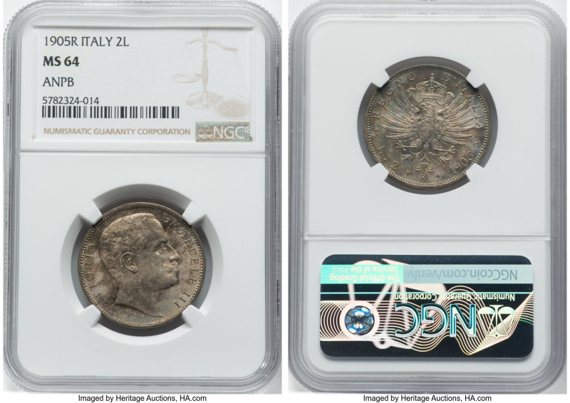 Vittorio Emanuele III 2 Lire 1905-R MS64 NGC, Rome mint, KM33. Elusive at this l...